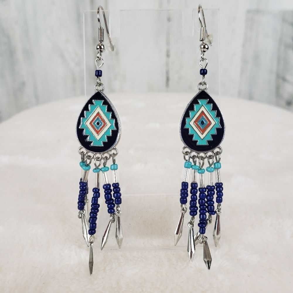 Silver and Blue Beaded Dangle Earrings